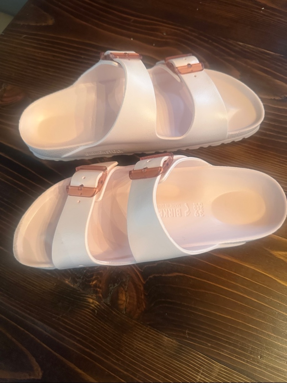 Birkenstock Two-Strap Slides in Pale Pink with Rose-Gold Buckles - Picture 2 of 6